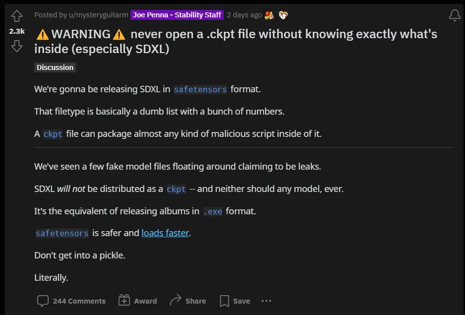Stability AI's SD XL 0.9 joe penna warning before downloading new model
